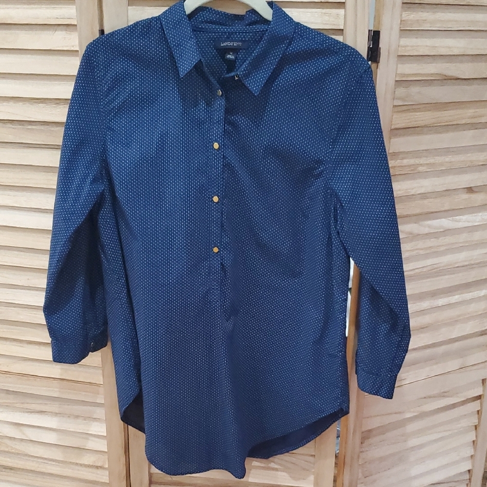 Land's End Women's Navy polka dot 3/4 button down Sz 14